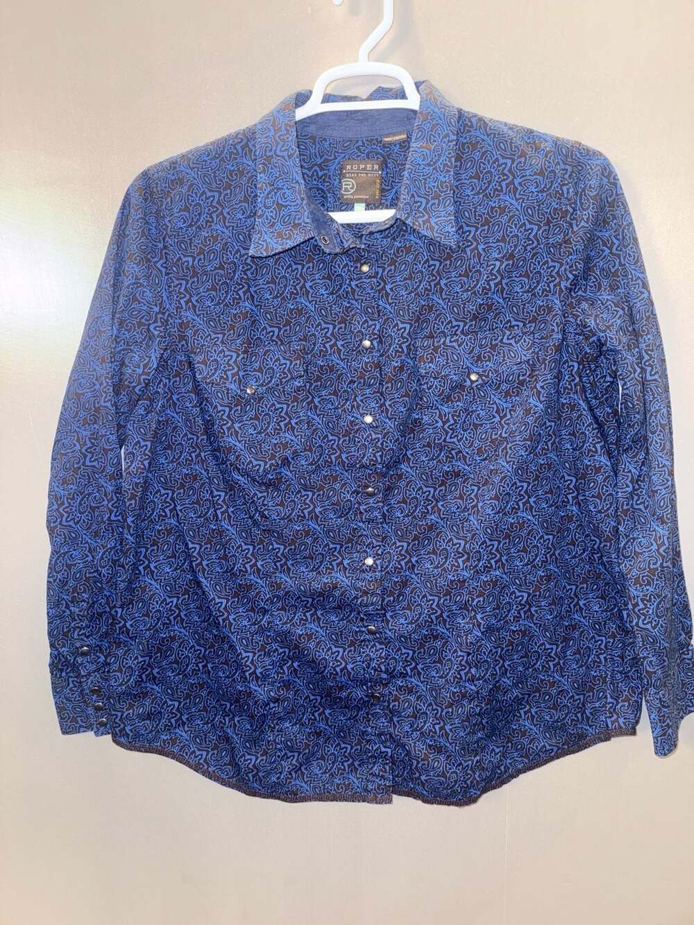 Roper Women’s 1X Western Shirt Blue Black Paisley Pearl Snap 100% Cotton